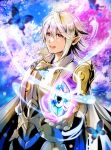  1boy absurdres akimiiiii armor blue_cape cape corrin_(fire_emblem) corrin_(male)_(fire_emblem) corrin_(male)_(hoshido_noble)_(fire_emblem) dragonstone fire_emblem fire_emblem_fates fire_emblem_heroes glowing glowing_weapon highres official_alternate_costume pauldrons shoulder_armor single_pauldron weapon white_armor white_cape 