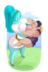  1boy 2girls adventure_time ass blonde_hair blue_hair blue_skin breasts bulumble-bee canyon_(adventure_time) finn_the_human giantess hat hug huge_ass long_hair multiple_girls muscle susan_strong wide_hips 