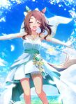  1girl absurdres bare_shoulders blue_sky brown_eyes cloud cloudy_sky commentary_request cowboy_shot day dress ear_covers elbow_gloves facing_viewer falling_petals gloves highres horse_girl jewelry king_halo_(evergreen_identity)_(umamusume) king_halo_(umamusume) necklace neko_senshi official_alternate_costume official_alternate_hairstyle open_mouth outdoors outstretched_arms petals single_ear_cover sky smile solo strapless strapless_dress teeth umamusume upper_body upper_teeth_only wavy_hair wedding_dress white_dress white_gloves 