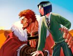 2boys armor beard black_hair bob_cut cape desert dress_shirt facial_hair fate/zero fate_(series) from_side fur-trimmed_cape fur_trim green_eyes green_sweater hand_on_another&#039;s_back highres iskandar_(fate) looking_to_the_side male_focus mature_male multiple_boys muscular muscular_male necktie numano_soko pants pectoral_cleavage pectorals red_cape red_eyes red_hair shirt short_hair smile striped_clothes striped_necktie striped_pants sweater waver_velvet white_shirt 