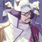  1boy afro baseball_cap beard black_eyes black_hair braid braided_beard closed_mouth coat coat_on_shoulders commentary_request english_commentary english_text epaulettes facial_hair glasses hat jacket long_beard male_focus medal mixed-language_commentary mustache one_piece sengoku_(one_piece) solo uniform white_hat yoshicha 