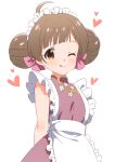  1girl ;q ahoge apron arms_behind_back blush breasts brown_hair closed_mouth commentary_request double_bun dress flower frilled_apron frilled_hairband frills goma_konbu hair_bun hair_ribbon hairband hakozaki_serika heart high_collar highres idolmaster idolmaster_million_live! looking_at_viewer one_eye_closed orange_eyes pink_dress pink_ribbon raised_eyebrows ribbon short_hair simple_background sleeveless sleeveless_dress small_breasts solo split_mouth swept_bangs tongue tongue_out upper_body white_apron white_background white_flower 