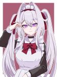  1girl :&gt; adjusting_hair apron black_choker bow bowtie bright_pupils choker hair_between_eyes hair_bow hair_intakes highres honkai_(series) honkai_impact_3rd long_hair looking_at_viewer maid maid_apron maid_headdress multiple_hair_bows purple_eyes red_background red_bow red_bowtie smile solo straight-on thelema_(honkai_impact) twintails two-tone_background upper_body very_long_hair white_background white_hair white_pupils yamayu_isu 