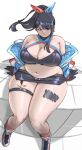  alternate_body_size alterxsu belly black_gloves black_hair blue_eyes blue_jacket blue_ribbon blush breasts commentary fat floating_hair from_above garter_straps gloves gridman_universe groin hair_ribbon halterneck highres huge_breasts jacket long_hair miniskirt navel off_shoulder parted_lips ponytail red_ribbon ribbon shoes single_garter_strap sitting skindentation skirt sneakers ssss.gridman takarada_rikka thick_thighs thigh_strap thighs two-tone_ribbon white_background 