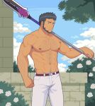  1boy absurdres arm_hair bara beard belt black_hair brown_belt catnipsmoker_(hakino) chest_hair clenched_hand cowboy_shot dark-skinned_male dark_skin facial_hair fire_emblem fire_emblem_engage highres holding holding_polearm holding_weapon large_pectorals looking_at_viewer male_focus mauvier_(fire_emblem) muscular muscular_male navel_hair nipples outdoors over_shoulder pants pectorals pixel_art polearm short_hair solo weapon weapon_over_shoulder white_pants 