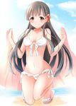  bikini black_eyes black_hair blush breasts flower hair_flower hair_ornament idolmaster idolmaster_cinderella_girls kobayakawa_sae long_hair looking_at_viewer navel ram_hachimin sarong small_breasts smile solo swimsuit white_bikini 