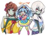  3girls :d argyle_clothes argyle_kimono blue_hair brown_hair copyright_name dango_hair_ornament food-themed_hair_ornament hair_between_eyes hair_ornament hand_on_own_chest heart heart_hair heart_out_of_chest hoshikawa_lily konno_junko light_blue_hair long_hair looking_at_viewer low_twintails multiple_girls patchwork_skin red_eyes scar scar_on_neck simple_background smile star_(symbol) star_hair_ornament tanabe_maho twintails upper_body white_background white_hair yuugiri_(zombie_land_saga) zombie zombie_land_saga 