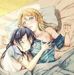  ayase_eli bangs blonde_hair blue_eyes blue_hair blue_shirt blush breast_grab collarbone flying_sweatdrops futon grabbing hair_down long_hair love_live! love_live!_school_idol_project lying multiple_girls off-shoulder_shirt on_back on_side open_mouth pillow shirt signature sleeping smile sonoda_umi suito under_covers yuri 