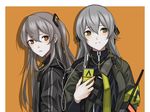  :&lt; black_ribbon blush border brown_eyes closed_mouth commentary earbuds earphones eyebrows_visible_through_hair girls_frontline grey_hair hair_between_eyes hair_ribbon head_tilt holding jacket long_hair long_sleeves looking_at_viewer looking_away looking_up multiple_girls orange_background outside_border ribbon shared_earphones silhouette star star-shaped_pupils symbol-shaped_pupils two_side_up ump40_(girls_frontline) ump45_(girls_frontline) upper_body yellow_eyes yitiao_er-hua 