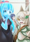  3girls aqua_girl artist_request black_hair fox furry grey_hair monster_girl multiple_girls one_eye_closed orange_eyes smile 