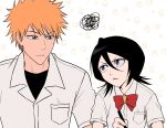  1boy 1girl animal_print bird_print black_hair bleach bow bowtie brown_eyes closed_mouth collared_shirt commentary dress_shirt english_commentary eye_contact eyebrows_hidden_by_hair frown gwao_(_ul_13) head_tilt highres holding holding_pen kuchiki_rukia kurosaki_ichigo looking_at_another medium_hair parted_lips pen purple_eyes red_bow red_bowtie school_uniform shirt short_hair short_sleeves side-by-side simple_background spiked_hair squiggle star_(symbol) straight_hair tsurime upper_body upturned_eyes v-shaped_eyebrows white_background white_shirt 