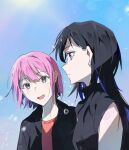  2girls black_hair black_jacket black_shirt blue_eyes blue_hair blue_sky blush brown_eyes closed_mouth commentary hashtag-only_commentary highres jacket kororon_(song) long_hair looking_at_another multicolored_hair multiple_girls open_mouth outdoors pink_hair red_shirt shirt short_hair sky sleeveless sleeveless_shirt smile streaked_hair upper_body ushio0104 