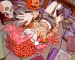  1girl absurdres ao_oni book breasts chainsaw_man cosmo_(chainsaw_man) dangling_eye exposed_brain eyebrows_hidden_by_hair full_body grey_shorts heart heart-shaped_pupils highres holding holding_book jack-o&#039;-lantern midriff navel open_mouth orange_shirt pantsu-ripper red_hair shirt short_twintails shorts silk skull small_breasts smile solo spider_web symbol-shaped_pupils the_oni_(ao_oni) twintails 