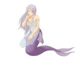  1girl bare_shoulders blue_eyes bmp-to-png_conversion closed_mouth dress full_body game_cg grey_hair hand_on_own_chin ishinoyari long_hair looking_at_viewer meia_(mon-musu_quest!) mermaid mon-musu_quest! monster_girl navel non-web_source purple_tail scales see-through see-through_dress simple_background smile solo standing transparent_background very_long_hair 