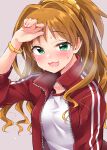  1girl :3 blush breasts brown_hair collarbone dot_nose green_eyes hair_ornament hair_scrunchie hand_on_own_forehead heavy_breathing high_ponytail hino_akane_(idolmaster) idolmaster idolmaster_cinderella_girls idolmaster_cinderella_girls_starlight_stage jacket long_hair long_sleeves looking_at_viewer medium_breasts open_clothes open_jacket open_mouth pink_background red_jacket red_trim scrunchie shirt simple_background smile solo sweat track_jacket track_suit trente upper_body white_shirt yellow_bracelet yellow_scrunchie zipper 