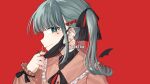  1girl bandaid ear_piercing fangs hair_ornament hatsune_miku heart highres jewelry jirai_kei long_hair long_sleeves looking_at_viewer mask mask_pull mouth_mask open_mouth piercing red_background ribbon rktsm shirt simple_background smile solo twintails vampire_(vocaloid) vocaloid 