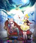  atelier_(series) atelier_lydie_&amp;_suelle bird book boots bow bowtie couch feathered_wings full_body gloves hairband hat highres long_hair lydie_marlen multicolored_hair multiple_girls official_art open_mouth pink_eyes pink_hair ponytail purple_hair siblings sitting sky sparkle suelle_marlen twins water wings yuugen 