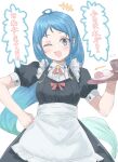  1girl alternate_costume apron az_toride black_dress blue_eyes blue_hair commentary_request cowboy_shot cup dress frilled_apron frills hand_on_own_hip highres kantai_collection looking_at_viewer one_eye_closed samidare_(kancolle) smile solo translation_request tray waist_apron waitress 