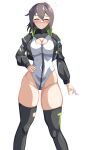  1girl alice_gear_aegis asuma_isami black_hair black_jacket black_thighhighs breasts circle_cutout cleavage_cutout clothing_cutout companion/af covered_collarbone facing_viewer feet_out_of_frame front_zipper full-length_zipper grey_hair hand_on_own_hip highleg highleg_leotard ishitsuma_canon jacket leotard medium_breasts one_eye_closed race_queen short_hair sleeveless_turtleneck_leotard solo standing thighhighs turtleneck turtleneck_leotard two-tone_leotard white_leotard zipper zipper_leotard zipper_pull_tab 