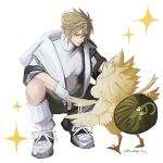  1boy almondtofu_boy alternate_costume blonde_hair chocobo closed_mouth cloud_strife commentary final_fantasy final_fantasy_vii fingerless_gloves flapping gloves hair_between_eyes highres jacket loose_socks male_focus open_clothes open_jacket ribbed_socks ribbed_sweater short_hair simple_background smile socks sparkle spiked_hair squatting sweater symbol-only_commentary turtleneck turtleneck_sweater twitter_username white_background white_gloves white_socks white_sweater 