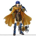  armor armored_boots axe battle_axe belt blue_eyes blue_hair boots cape collarbone cosplay elbow_gloves fire_emblem fire_emblem:_souen_no_kiseki fire_emblem_heroes full_body gloves greil greil_(cosplay) headband ike kita_senri looking_at_viewer male_focus official_art serious shoulder_armor simple_background solo third-party_edit third-party_watermark weapon white_background 