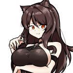  1girl absurdres animal_ear_fluff animal_ears arknights arm_strap arm_under_breasts bare_shoulders black_outline bodystocking breasts brown_hair closed_mouth commentary_request eyes_visible_through_hair hair_between_eyes hand_up highres large_breasts long_hair looking_at_viewer o-ring orange_eyes outline sideboob simple_background skyfire_(arknights) smile solo split_mouth upper_body white_background xibu_cai 