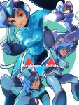  1girl animal_ears arm_cannon armor blue_bodysuit blue_hair bodysuit capcom cat_ear_helmet cat_ears cat_girl character_name commission company_connection cosplay felicia_(vampire) green_eyes helmet highres mega_buster mega_man_(character) mega_man_(character)_(cosplay) mega_man_(classic) mega_man_(series) meke_(77842928) one_eye_closed open_mouth shoutaro_saito skeb_commission solo tail vampire_(game) weapon white_background 