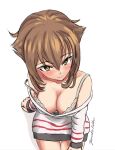  1girl alternate_costume artist_name bare_shoulders blush bra breasts brown_hair cleavage closed_mouth commentary_request cowboy_shot dress grey_bra hair_between_eyes kantai_collection large_breasts mutsu_(kancolle) off-shoulder_dress off_shoulder one-hour_drawing_challenge rekka_yamato short_hair simple_background sitting smile solo strap_slip striped_clothes striped_dress underwear white_background yellow_eyes 