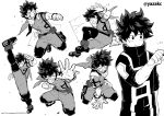  1boy angry belt_pouch blood boku_no_hero_academia boots bright_pupils clenched_hands clenched_teeth freckles gloves greyscale high_kick highres kicking male_focus midoriya_izuku monochrome outstretched_arm pouch scar scar_on_hand simple_background smile solo spiked_hair teeth twitter_username u.a._gym_uniform uniform white_background white_pupils yazaki_(yazakc) 