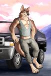  anthro bottomwear brown_body brown_fur canid canine canis claws clothed clothing feet finger_claws fur green_eyes hi_res leaning_on_object male mammal muscular muscular_anthro muscular_male pants shirt sky smile smiling_at_viewer smirk smirking_at_viewer solo tank_top toe_claws topwear truck_(vehicle) vehicle weirdmarks wolf yokai_the_wolf 