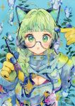  1girl ahoge animal_ear_headphones animal_ears braid cat_ear_headphones cleavage_cutout clothing_cutout drawstring fake_animal_ears gloves green_eyes green_hair hair_over_shoulder hands_up headphones highres holding holding_paintbrush long_hair long_sleeves looking_at_viewer monocle monocle_chain open_mouth original paintbrush painting_(medium) plant signature solo sparkle straight-on traditional_media upper_body water_drop watercolor_(medium) yellow_gloves yuyuharu_1027 zipper 