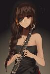  1girl black_dress braid brown_eyes brown_hair clarinet closed_mouth dress eyepatch girls&#039;_frontline highres holding holding_instrument instrument long_hair looking_at_viewer m16a1_(girls&#039;_frontline) mole mole_under_eye multicolored_hair scar simple_background smile solo strapless strapless_dress xanax025 