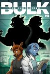 2024 absurd_res anthro blazekemono blue_body blue_eyes blue_hair brown_body brown_hair canid canine canis clothed clothing coat comic cover cover_art cover_page digital_media_(artwork) duo english_text fur hair hi_res hulk kangaroo lab_coat laboratory looking_at_viewer macropod male male/male mammal marsupial marvel muscular muscular_anthro muscular_male parody pecs shirt silhouette tank_top text topwear wolf yellow_eyes 