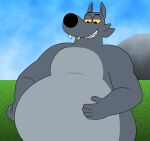  anthro belly big_belly canid canine canis eyebrows get_my_goat gold_fang gold_fang_(get_my_goat) grass grey_body hand_on_belly hi_res looking_down_at_stomach male mammal overweight overweight_male pipsqueak_animation plant raised_eyebrow rock sky smile solo vore wolf wolfox90210 yellow_eyes 