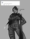  1girl absurdres apex_legends belt bodysuit breasts english_commentary english_text gloves grey_background greyscale hair_behind_ear hair_bun highres leash looking_at_viewer medium_breasts monochrome nessepack parted_lips pov single_hair_bun solo tweet twitter viewer_on_leash wraith_(apex_legends) 