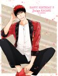  1boy black_pants brown_background character_name chirol22 closed_eyes coat confetti dated floral_print happy_birthday kagami_taiga kuroko_no_basuke male_focus open_mouth pants red_coat red_footwear red_hair shirt shoes sitting smile solo two-tone_background white_background white_shirt 