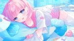  1girl bed blue_eyes candy commission fish food head_tilt highres holding holding_stuffed_toy indie_virtual_youtuber komomo_(2899) looking_at_viewer lying octopus on_stomach open_mouth pink_hair pink_skirt sailor_collar shirt signature skeb_commission skirt smile solo stuffed_animal stuffed_toy thighhighs umbrella_octopus virtual_youtuber white_shirt white_thighhighs 