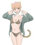  1girl absurdres animal_ears animal_print breasts collarbone commentary_request dot_nose fang fate/grand_order fate_(series) green_shirt highres jaguarman_(fate) long_sleeves looking_at_viewer medium_breasts medium_hair navel open_mouth orange_eyes orange_hair shirt simple_background smile solo standing swimsuit tail tiger_ears tiger_girl tiger_print tiger_stripes tiger_tail tonko_from white_background 