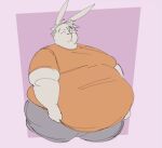  2d_animation animated anthro belly belly_overhang big_belly calebcorduroy clothed clothing clothing_lift desmond_(calebcorduroy) fat_arms hair huge_belly lagomorph leporid long_ears male mammal moobs morbidly_obese morbidly_obese_anthro morbidly_obese_male obese obese_anthro obese_male overweight overweight_anthro overweight_male rabbit shirt shirt_lift simple_background solo topwear white_hair 