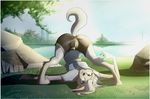  2017 anthro ass_up barefoot biped black_bottomwear black_clothing black_nose blue_eyes blue_topwear boulder breasts butt canine clothed clothing day detailed_background digital_media_(artwork) dog female fully_clothed fur grass grey_body grey_fur hair hi_res husky lutsy mammal midriff navel outside park raised_tail rock shaded shadow shirt shorts signature sky soft_shading solo upside_down water white_hair yoga zachseligson 