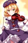  1girl beret blonde_hair blush bow_(music) closed_mouth commentary_request cowboy_shot crescent dot_nose eyes_visible_through_hair frilled_shirt_collar frilled_skirt frills hat highres holding holding_bow_(music) holding_instrument holding_violin instrument long_sleeves lunasa_prismriver purple_hat purple_skirt purple_vest ruu_(tksymkw) shirt short_hair skirt skirt_hold skirt_set smile solo split_mouth standing touhou vest violin white_shirt yellow_background yellow_eyes 