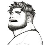  1boy bara beard_stubble blush dyzd1 facial_hair from_side greyscale highres looking_at_viewer male_focus monochrome mustache original pencil_mustache portrait shirt short_hair smile solo stubble t-shirt thick_eyebrows 