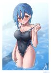  1girl absurdres artist_name black_one-piece_swimsuit blue_hair blue_one-piece_swimsuit blush border breasts cleavage clothes_pull collarbone commentary_request competition_swimsuit covered_navel earrings hair_between_eyes highleg highleg_swimsuit highres jewelry looking_at_viewer love_live! love_live!_superstar!! medium_breasts multicolored_clothes multicolored_swimsuit one-piece_swimsuit one-piece_swimsuit_pull orange_eyes outdoors partially_submerged pool rikka006 short_hair solo standing stud_earrings swim_ring swimsuit variant_set wading wakana_shiki water wet wet_clothes wet_swimsuit white_border white_one-piece_swimsuit 