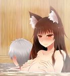  1girl age_difference animal_ears arano_oki bath blush breasts brown_hair collarbone embarrassed hand_on_own_chest imaizumi_kagerou large_breasts mixed_bathing onsen red_eyes touhou wet wet_hair wolf_ears 