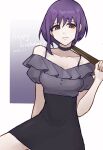  1girl asymmetrical_hair bang_dream! bang_dream!_it&#039;s_mygo!!!!! black_choker black_skirt choker closed_mouth commentary dated drumsticks grey_shirt happy_birthday hashtag-only_commentary highres holding holding_drumsticks looking_at_viewer off-shoulder_shirt off_shoulder purple_hair red_eyes shirt shirt_tucked_in short_hair sitting skirt smile solo tok8505_(erica) yuutenji_nyamu 