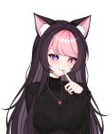  1girl absurdres animal_ear_fluff animal_ears black_hair black_sweater breasts cat_ears cat_girl closed_mouth darlingstrawb emerazu_(artist) eyelashes finger_to_mouth heart heart-shaped_pupils heart_in_eye heart_necklace heterochromia highres indie_virtual_youtuber jewelry long_hair multicolored_hair necklace pink_eyes pink_hair purple_eyes ribbed_sweater second-party_source solo sweater symbol-shaped_pupils symbol_in_eye turtleneck turtleneck_sweater two-tone_hair upper_body virtual_youtuber 