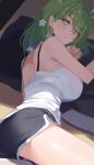  1girl absurdres breasts camisole ceres_fauna cho_913 dolphin_shorts earrings flower green_hair hair_flower hair_ornament highres hololive hololive_english jewelry large_breasts long_hair lying mole mole_under_eye on_side shorts virtual_youtuber white_camisole yellow_eyes 