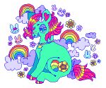 2019 :3 accessory ambiguous_feral ambiguous_gender beaded_jewelry beaded_necklace beads cloud colorful_theme cutie_mark digital_media_(artwork) earth_pony equid equine fan_character feral flower green_body grin hair hair_accessory hairclip hasbro hooves horse jewelry lagomorph leporid mammal my_little_pony necklace pink_hair pink_inner_ear pixel_(artwork) plant pony quadruped rabbit rainbow simple_background sitting smile solo star suippupupu sunflower superflat white_background