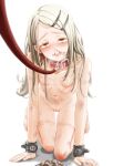  1girl absurdres all_fours bleeding blood blood_on_face blush breasts brown_eyes bruise collar completely_nude cuffs earrings gakuen_idolmaster grey_hair hair_ornament hairclip highres idolmaster injury jewelry leash long_hair mutsumura_ryuuichi navel nipples nosebleed nude pussy red_collar ryona saliva scar shackles shinosawa_hiro small_breasts solo stud_earrings sweat thigh_gap tongue tongue_out 