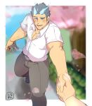  1boy absurdres bara black_footwear blue_fire blue_hair blurry blurry_background blush cherry_blossoms falling_petals fiery_horns fire forked_eyebrows grey_pants hair_slicked_back highres holding_hands horns konaoji_(connersublow) loafers looking_at_another male_focus muscular muscular_male pants pectoral_cleavage pectorals petals pov pov_hands sakimori_toji scar scar_on_cheek scar_on_face shirt shoes short_hair sideburns thick_eyebrows tokyo_afterschool_summoners white_shirt 